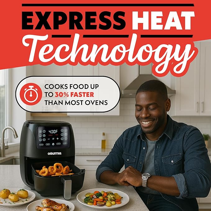 Gourmia Air Fryer - 4 Qt Capacity, FryForce360º, Digital Display with 8 Presets, Roast, Bake, Broil, Dehydrate, Dishwasher Safe Accessories, Compact, Black