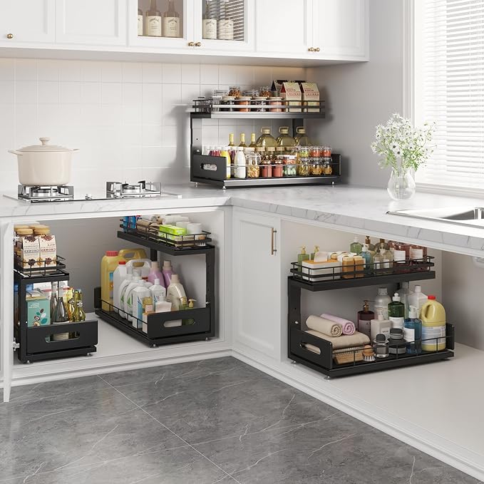 Under Sink Organizer Upgrade To Professional Rails,2-Tier Dual Pull Out Cabinet Storage,Height Adjustable Slide Out Drawers For Bathroom Kitchen,1 Pack-18.5"Dx12.8"-16.9"H,Black