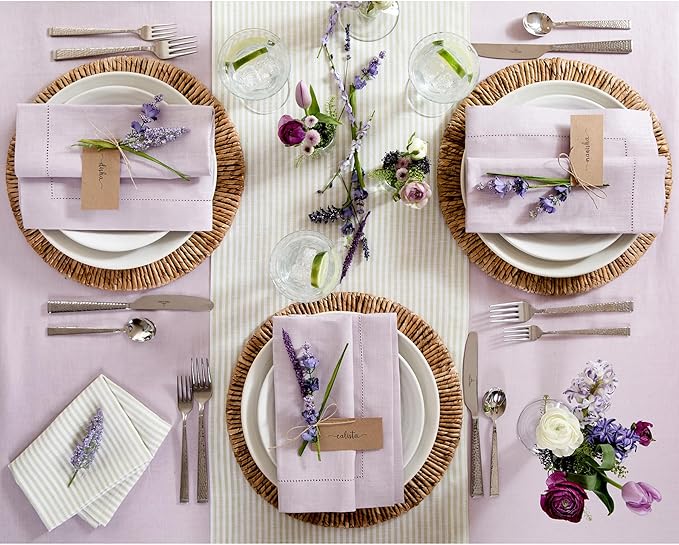 Solino Home Linen Napkins Set of 4 - Classic Hemstitch 100% Pure Linen Lilac Dinner Napkins Cloth 20 x 20 Inch for Mothers Day, Spring, Summer - Handcrafted and Machine Washable