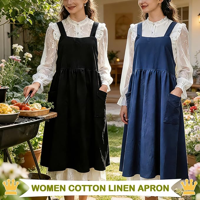 Uaussi Cotton Linen Apron Cross Back Work Apron for Women with Pockets Pinafore Dress X Cross Halter Apron for Chef Gardening