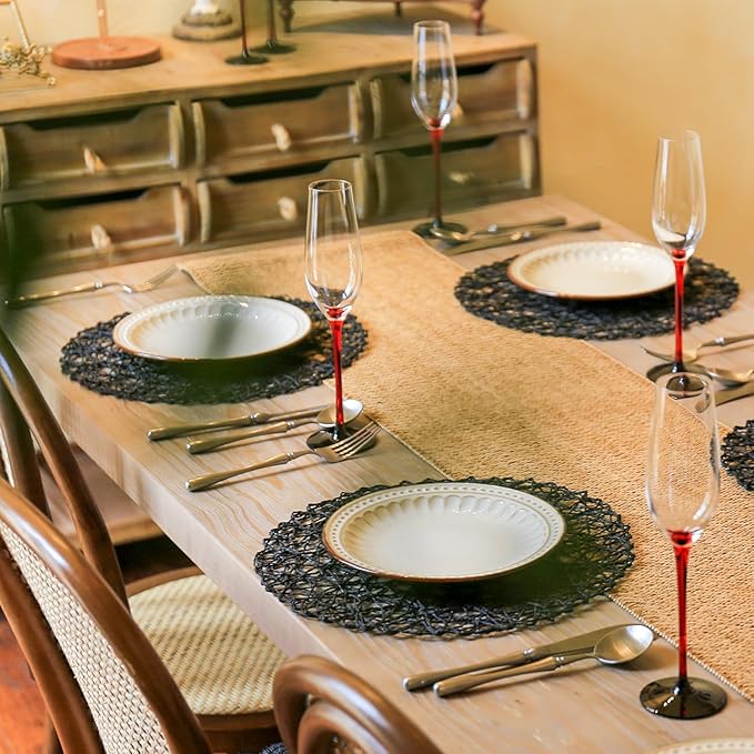 AHHFSMEI Paper Braided Round Placemats Set of 8 Natural Non-Slip Heat Resistant Table Mats for Dining Tables Woven Indoor & Outdoor Place mats(Black,8)