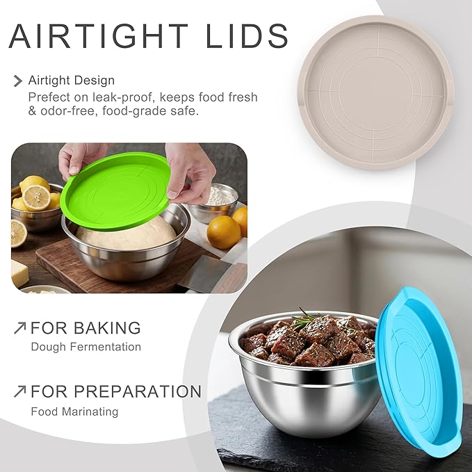 HaWare Mixing Bowls with Airtight Lids, 6-Piece Stainless Steel Salad Bowls, Strong Nesting Bowls for Cooking, Prepping, Baking, Serving & Food Storage, Stackable Design, Size 4.6, 3, 1.5QT, Colorful