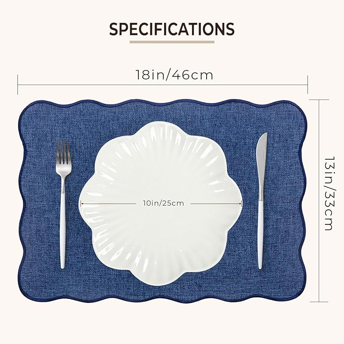 AHHFSMEI Faux Linen Placemats Set of 6 Heat Resistant Non-Slip Stain Proof Table Mats for Kitchen Dining Elegant Decor Place Mats (Blue)