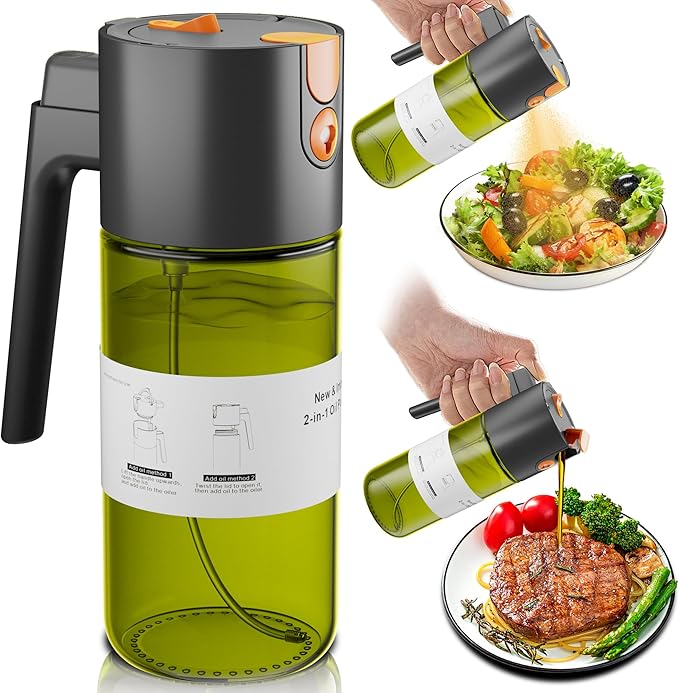 LUKUMIQI 2 in 1 Oil Sprayer for Cooking, 17oz Light-Blocking Glass Spray Bottle with Stickers, Oil Dispenser for Salad, Air Fryer & BBQ