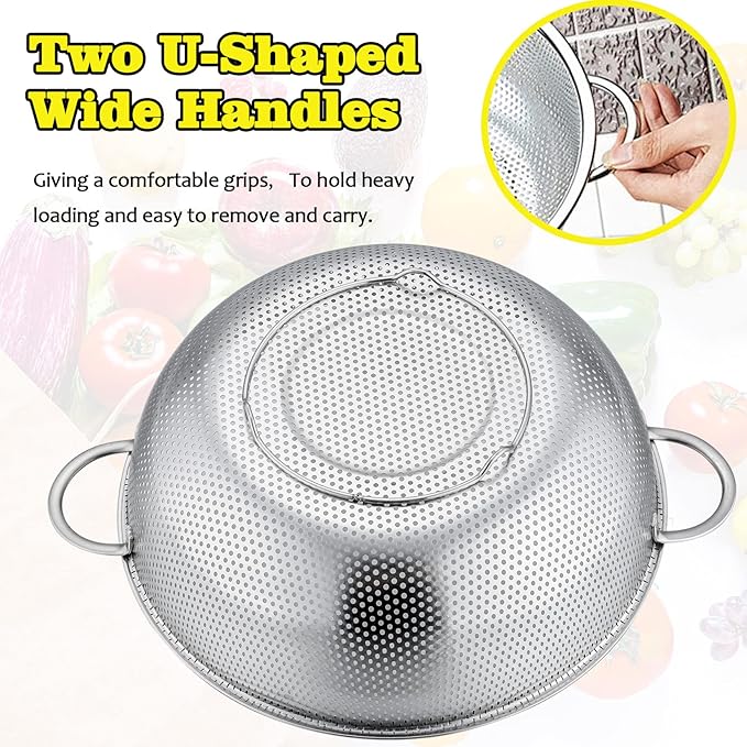 P&P CHEF Stainless Steel Colander, Micro-Perforated Food Strainer with Handle for Washing Draining, Great for Pasta Fruits Vegetables, Dishwasher Safe & Healthy, 5 Qt, 1Pc