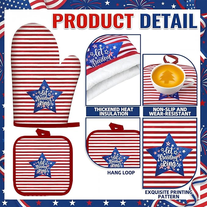 VitalCozy 10 Pcs Patriotic Kitchen Decor Set 4th of July Kitchen Towels and Rugs Pot Holders Oven Mitts Set for Independence Day Gift Cooking Baking Grilling Housewarming