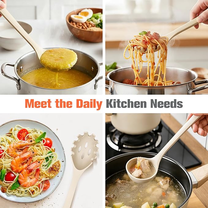 Silicone Spaghetti Spoon&Soup Ladle Cooking Utensils Set of 2,No Scratch for Nonstick Cookware,BPA Free, 450℉ Heat Resistant (KHAKI)