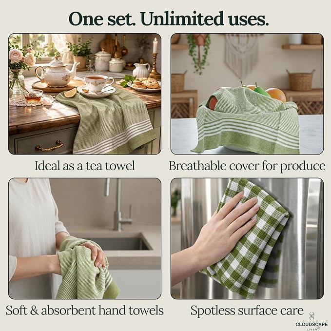 CLOUDSCAPE Kitchen Towels Set of 6 : Cotton-Blended Dish Cloths, Waffle Weave Quick-Drying Dish Towels for Kitchen Essentials, Highly Absorbent, Large 18”x28” Hand Towels with Hanging Loop -Sage Green