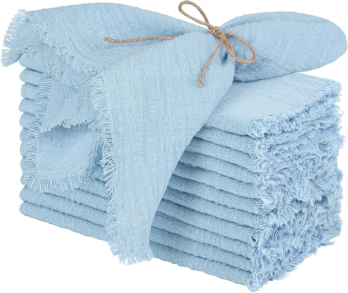 TURSTIN 12 Pieces Cotton Linen Cloth Napkin Handmade Cloth Napkin with Fringe 17 x 17 Inch Soft Cloth Dinner Wedding Napkin Square Rustic Fringe Table Napkin for Dinners, Parties, Weddings, Light Blue