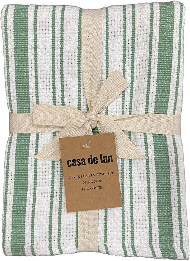 Kitchen Towels Set – Pack of 3 (20’’ x 30’’) Extra Large Premium Cotton Dish Towels for Kitchen – Basket Weave Towels – Absorbent – 100% Cotton – with Hanging Loop – Olive