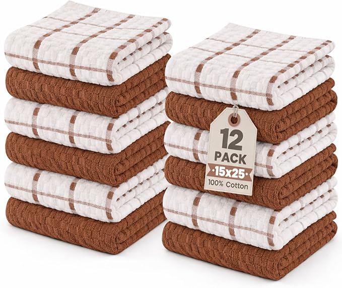 GOLD TEXTILES Kitchen Towels 12 Pack Premium 100% Cotton Dish Towels for Kitchen (15 x 25 Inches) Super Soft & Absorbent Kitchen Hand Towels for Drying Dishes, Cleaning - Reusable and Washable (Brown)