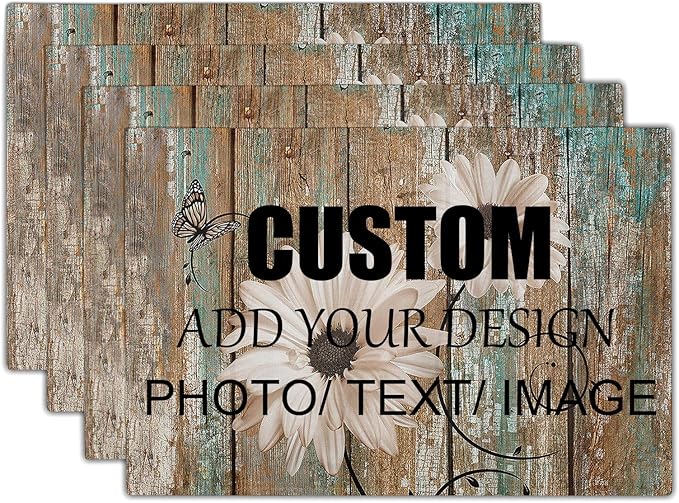 Giwawa Personalized Placemats Set of 4 Customized Photo Seasonal Linen Place Mat Add Picture Text Name Logo Double Sided Washable Table Mats for Dining Kitchen Tabletop Festival Holiday Decor