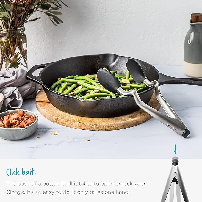 Dreamfarm Clongs Grippy Silicone & Stainless Steel Kitchen Cooking Tongs with Click-Lock Open & Close - 12" Black