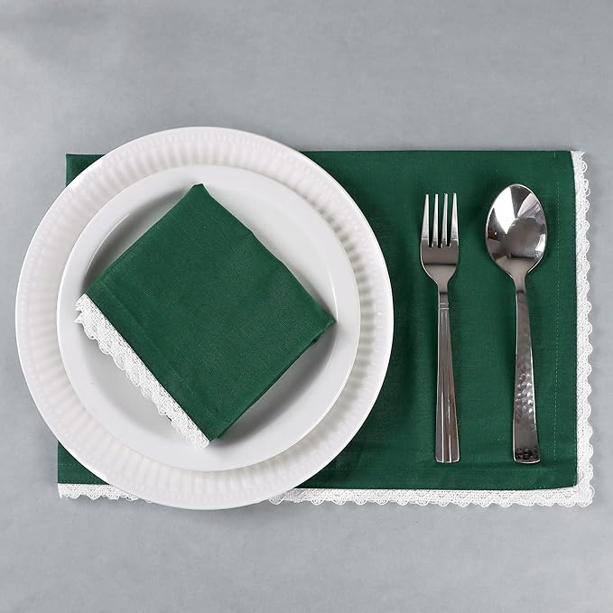 FINGERCRAFT Dinner Cloth Napkin Cotton Blend 12 Pack Vintage Rustic Premium Quality Mitered Corners Napkin Cloth with Elegant Lace for Everyday Use, Pre Shrunk and Good Absorbency 20x20 in Eden Green