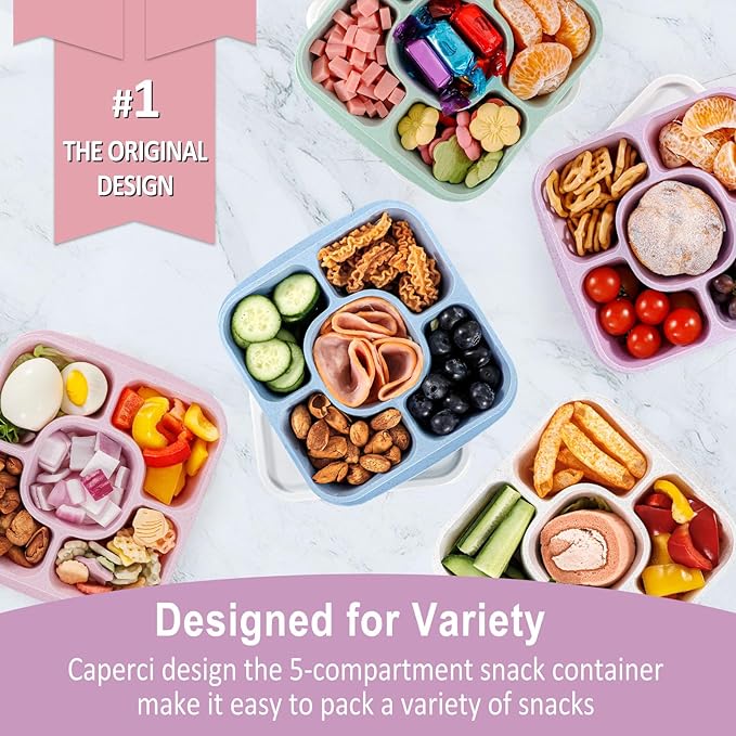 Caperci 5-Pack Lunchable Container Set for Kids & Adults - Reusable Bento Snack Box Containers with 5-Compartment for Food Storage & Meal Prep, Wheat Straw, BPA-Free (Vintage Colors)