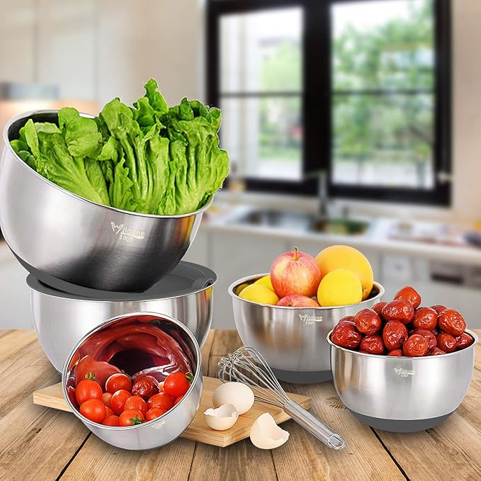 Wildone Mixing Bowls with Airtight Lids Set, 5PCS Stainless Steel Nesting Bowls Set for Kitchen, with Grater Attachments & Non-Slip Bottoms, Size 5, 3, 2, 1.5, 0.63 QT, Great for Baking & Serving