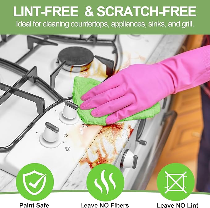 Microfiber Cleaning Cloth, 12 Pack Green Cleaning Rags,12" X 11" Lint Free Dish Towels Wash Cloths, Reusable Microfiber Towels for Home and Kitchen Bathroom Apartment Cleaning Supplies