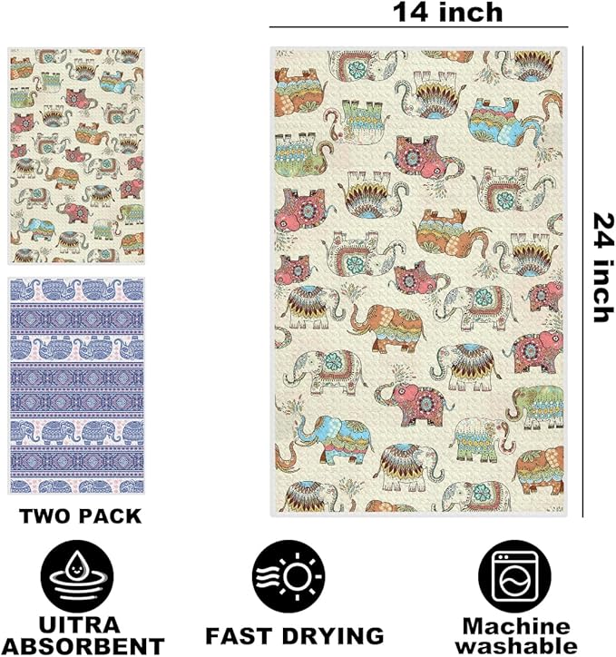 2Pcs Vintage Elephant Kitchen Towels, Farmhouse Absorbent Tea Towel Decor Dish Hand Towels Elephant Lover Gifts for Cleaning Drying Women Mom Housewarming Gifts 14 x 24 Inch Kitchen Home Decor