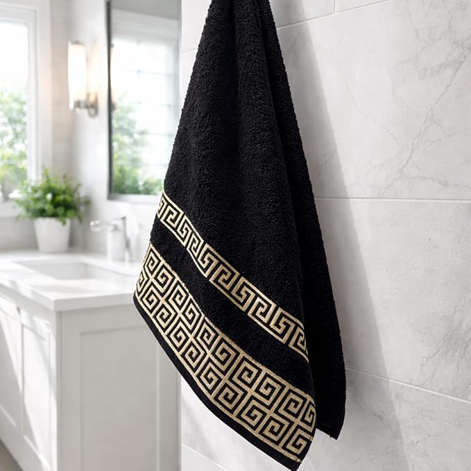 Luxury 4 Piece Hand Towel Set with Greek Key Design - 100% Cotton Soft & Absorbent Bathroom 19x35 in Large Towels - Quick Dry Black Hand Towels for Spa, Hotel & Home Use BB1