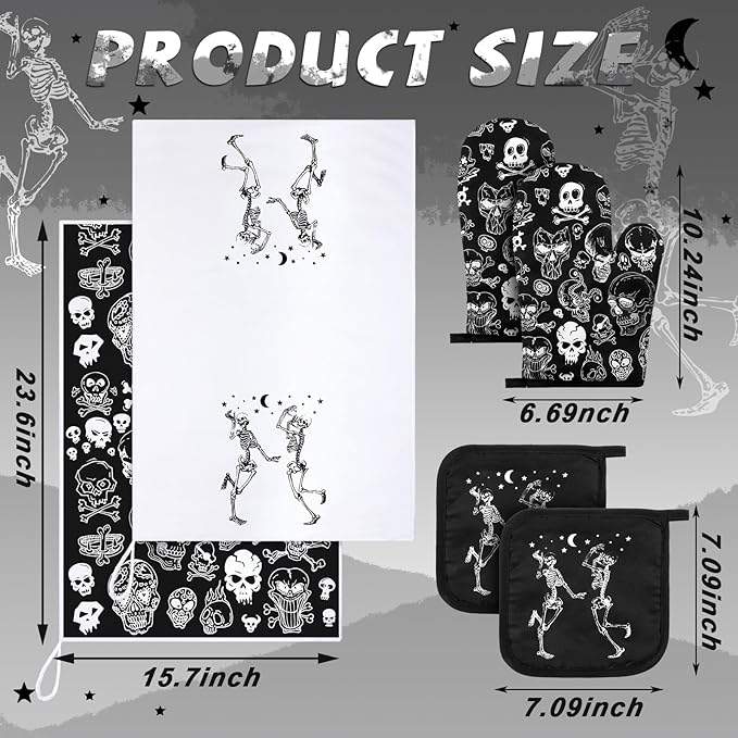 Leinuosen 6 Pcs Skull Kitchen Decor Set Kitchen Towels Gothic Oven Mitts and Pot Holders Skeleton Hand Dish Towels Horror Oven Mitts for Home Decoration Party Gifts (Classic Color,Skull)
