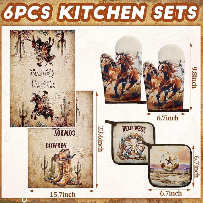Leinuosen 6 Western Cowboy Kitchen Towels Kitchen Decor and Accessories Set Floral Plant Oven Mitts and Pot Holders Sets Farmhouse Absorbent Dish Towels for Cooking Baking Grilling