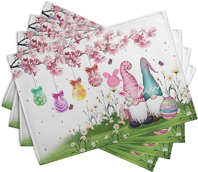 Easter Gnomes Bunny Placemats Set of 4 Easter Eggs Flowers Place Mat 12x18 Inch Seasonal Spring Farmhouse Washable Linen Table Mats for Party Kitchen Dining Outdoor Indoor Decor