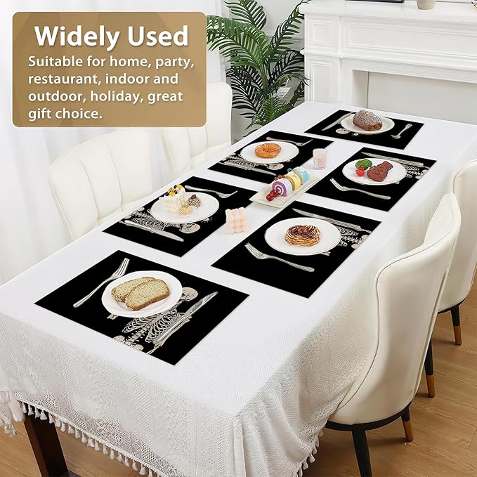 Funny Skull Skeleton Placemats Set of 6 Linen Washable, Heat-Resistant 12x18 Inch Table Place Mats for Kitchen Dining for Home Party Holidays