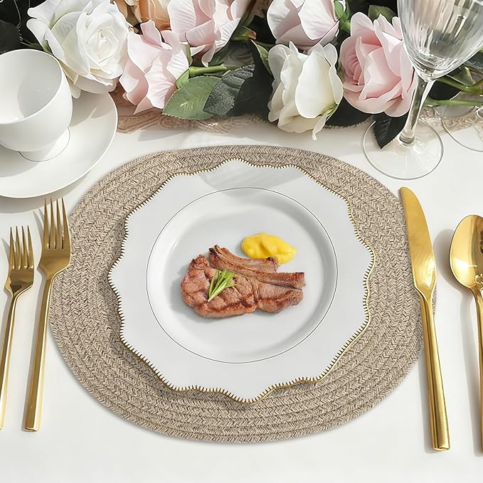 Oval Woven Placemats Set of 6, Boho Cotton Rope Braided Table Mats, 17x13 Inches Non Slip Heat Resistant Place Mats for Dining Room, Thick Hot Pads for Farmhouse Kitchen Table Decor. (Brown)