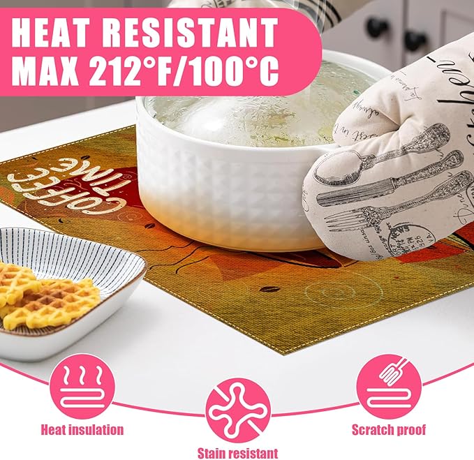 Coffee Time Placemats Set of 6,12x18 Inch Linen Place Mat Washable Stain Resistant Table Mats for Spring Summer Seasonal Farmhouse Kitchen Party Home Decor