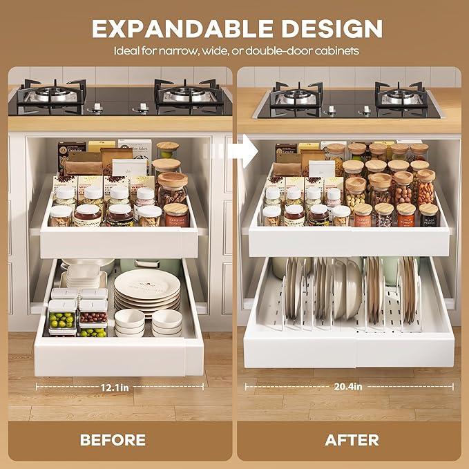 Seinloes 2 Pack Pull out Cabinet Organizer 21"Deep With Raising Pad for Framed Cabinets, Expandable Slide out Drawers for Kitchen Cabinets with 4pcs Divider Racks, Roll out Shelves 12.1"-20.4" W White