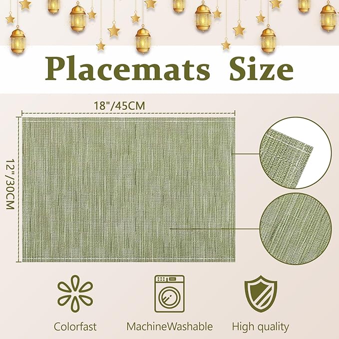 Bloss Green Placemats Set of 4-12x18 Inch WashableTable Place Mats, Fabric Spring Placemats for Kitchen Dining Table Decor, Easy to Clean Summer Placemats Cloth for Holiday Party Decoration