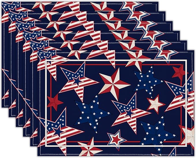 4th of July Red White Blue Star Placemats, USA 250th Anniversary 1776-2026 Independence Day Watercolor Star Table Mats, Washable Patriotic Placemats for Memorial Day Party Decor, Set of 6