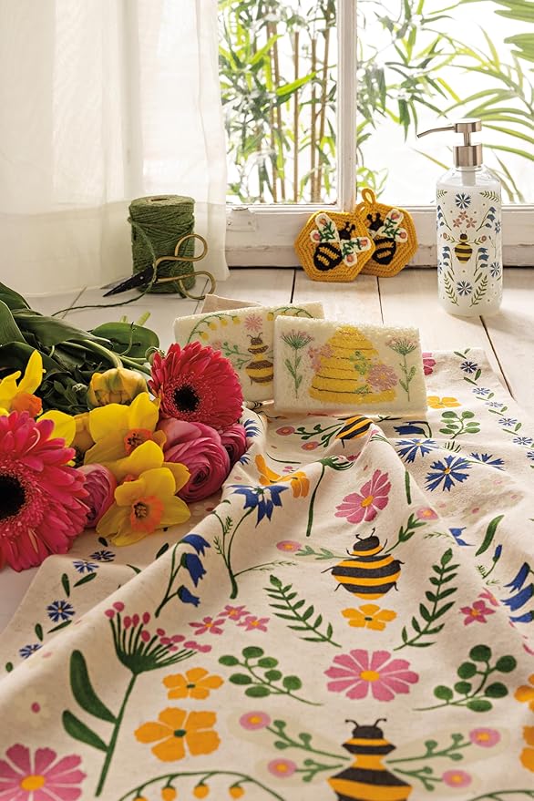 Now Designs Bee Garden Dishtowel, 18x28in, Cotton-Linen Blend, Folk Art-Inspired Kitchen Towel with Bees and Wildflowers