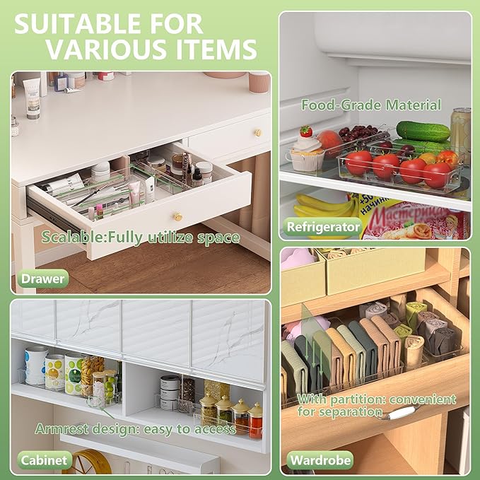 BLULEE Adjustable Clear Drawer Organizers, Expandable Bathroom Drawer Organizer Bins with Dividers, Versatile Makeup Organizer for Drawer, Plastic Desk Drawer Organizer (4 Pcs)