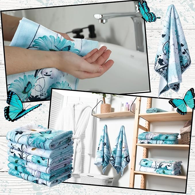 Breling Set of 6 Teal Daisy Kitchen Towel Vintage Themed Dish Towel Turquoise Bathroom Decorative Rustic Tea Cloths for Kitchen Bathroom Home Cooking Housewarming Gifts, 14 x 21 Inch