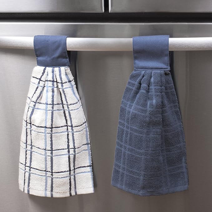 Ritz Premium 100% Cotton Solid and Multi Check Kitchen Tie Towel Absorbent, Super Soft, and Fast Drying Hang Towel, Set of Three, Federal Blue