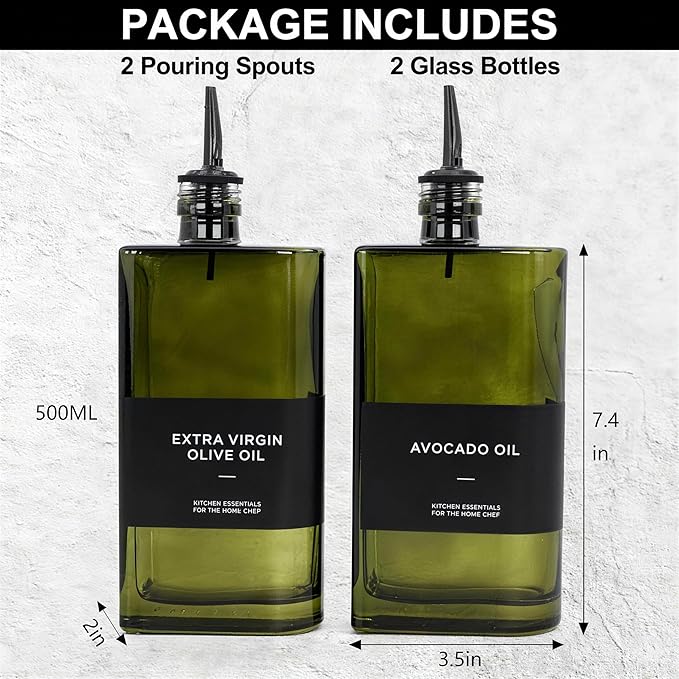 2-in-1 Oil Dispenser & Sprayer 2-Pack, Dark Glass Olive Oil Bottle with Stainless Steel Pourer, Oil Container, Oil & Vinegar Set, Light-Blocking Kitchen Countertop Accessory (Green)
