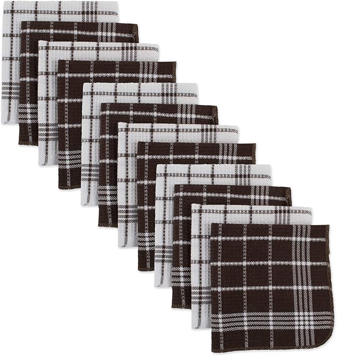 DII Waffle Weave Kitchen Collection, 100% Cotton, Dishcloth Set, Mocha Brown 12 Piece
