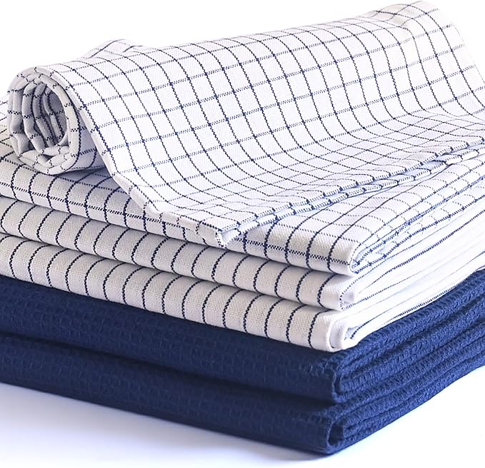 Highly Absorbent Cotton Kitchen Towels for Drying Dishes - Set of 6 Dish Towels - Narrow Navy Blue Stripes Plaid Waffle Dishtowels - 18"X28" Large Lint Free Linen Tea Hand Bulk T Towls