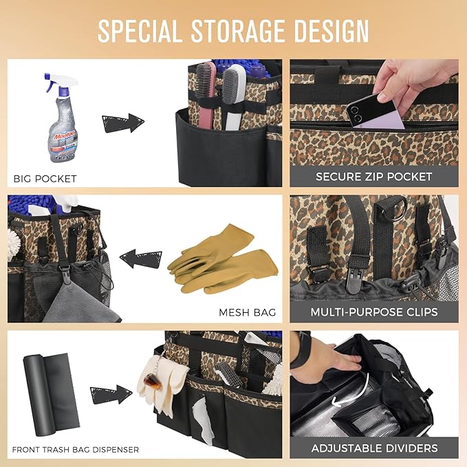 SCAVATA Wearable Cleaning Caddy, Cleaning Caddy Supplies Organizer with Handle & Shoulder Straps for Housekeepers, Under Sink & Car Cleaning Tool Organizers Bag with 4 Foldable Divider (Leopard)