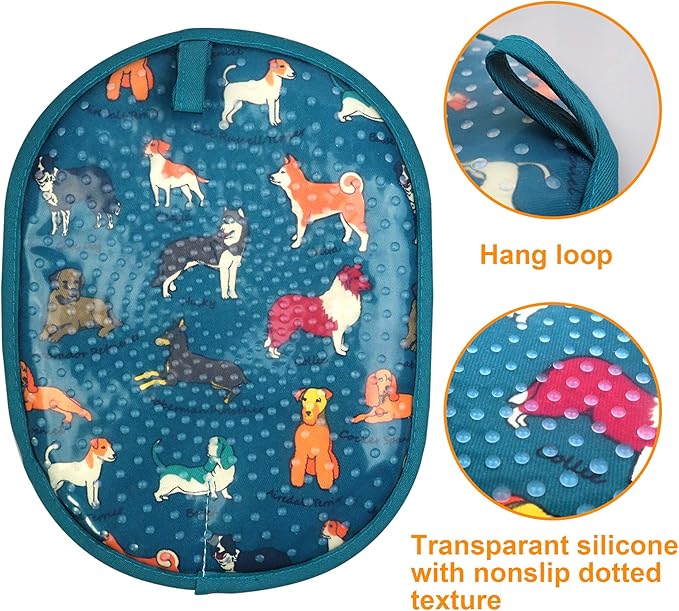 Pot Holders Set of 2 with Transparent Clear Silicone Shell and Nice Dog Flower Cotton Lining, Heat Resistant to 500 F Kitchen Oven Gloves Pot Holder for Cooking (Blue Dog, Potholders)