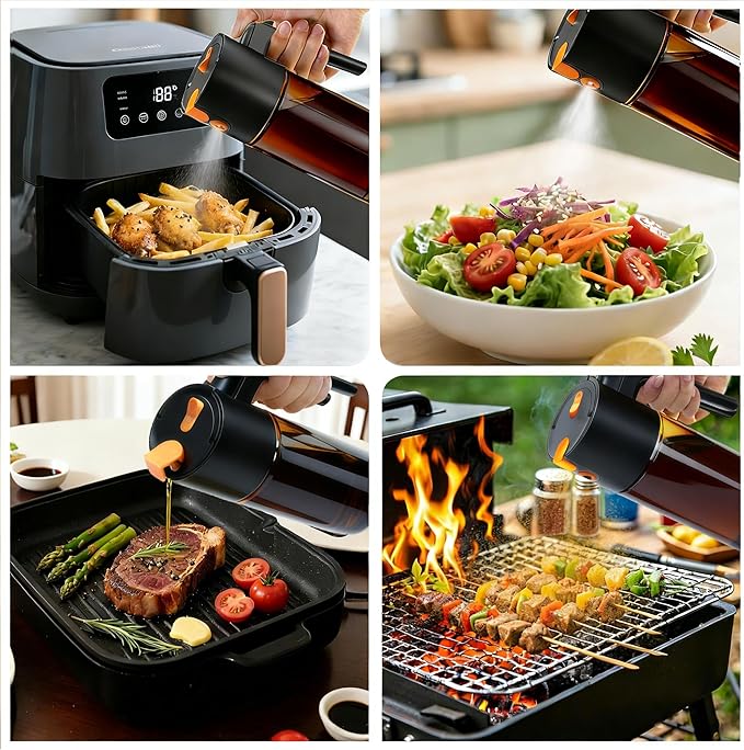 Olive Oil Spray Bottle Dispenser, 2-in-1 Glass Material Kitchen Cooking Oil Sprayer, 17 oz/500 ml Cooking Spray, Glass Spray Bottle with Tipper, Food Grade Spray for Kitchen, Salad, Frying, Barbecue