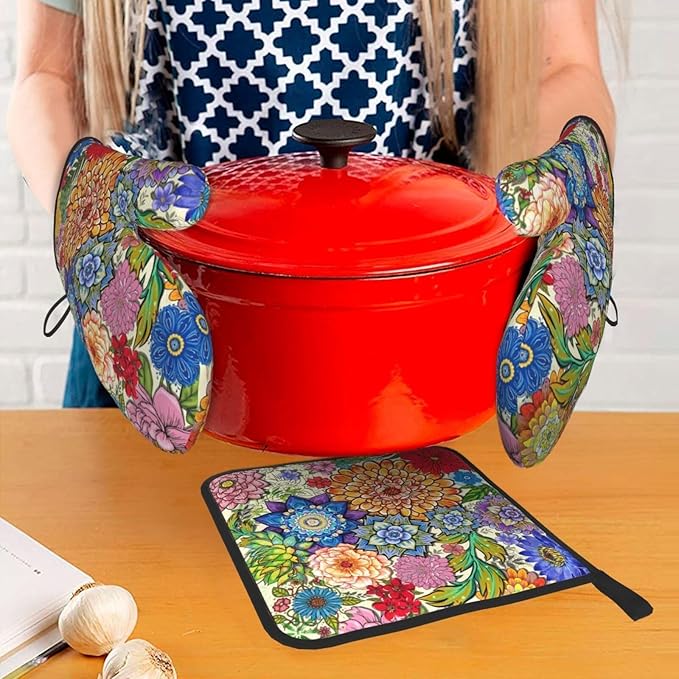 Boho Floral Oven Mitts and Pot Holders Sets of 3, Colorful Flowers Heat Resistant Kitchen Gloves Hot Pads, Chef Baking Gifts for Baker Women Mom Wife, Spring Easter Kitchen Gifts for Cooking Lover