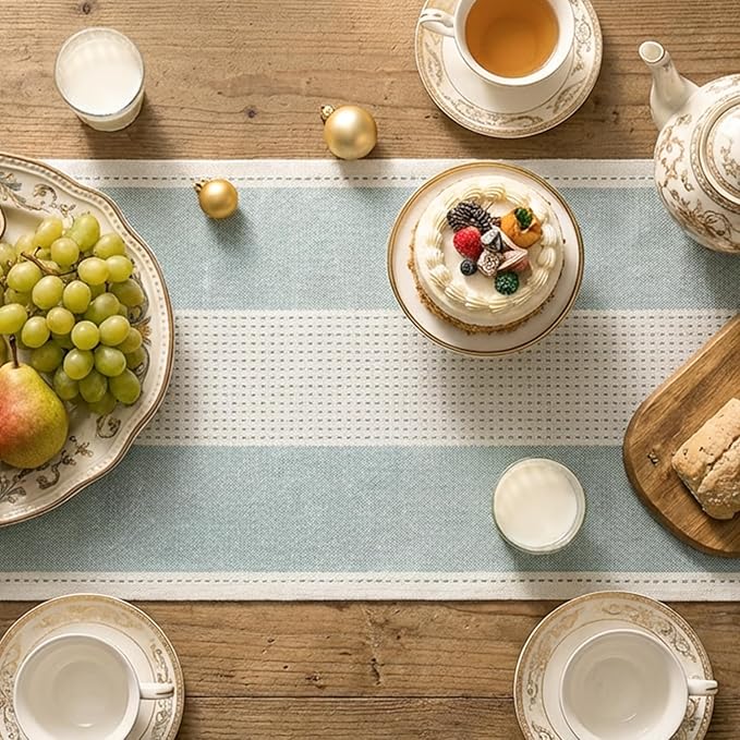 Artoid Mode Ice Blue Farmhouse Rustic Table Runner, Seasonal Macrame Fabric Kitchen Dining Holiday Wedding Table Decor for Home Party 13x72 Inch