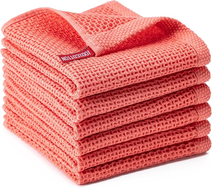 BOOMIBOO 6-Pack Kitchen Dish Cloths, 100% Cotton Waffle Weave, Ultra Soft Absorbent, Quick Drying Dish Towels, 12x12 Inches,Coral