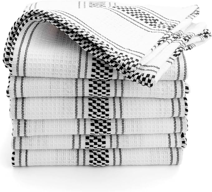 Black Kitchen Towels Set of 6, 100% Cotton Dish Towels, Striped Hand Towel, French Dish Cloths for Washing Dishes, Farmhouse Tea Towels, Absorbent Dish Towel with Hanging Loop, 18 x 28 [Black/White]