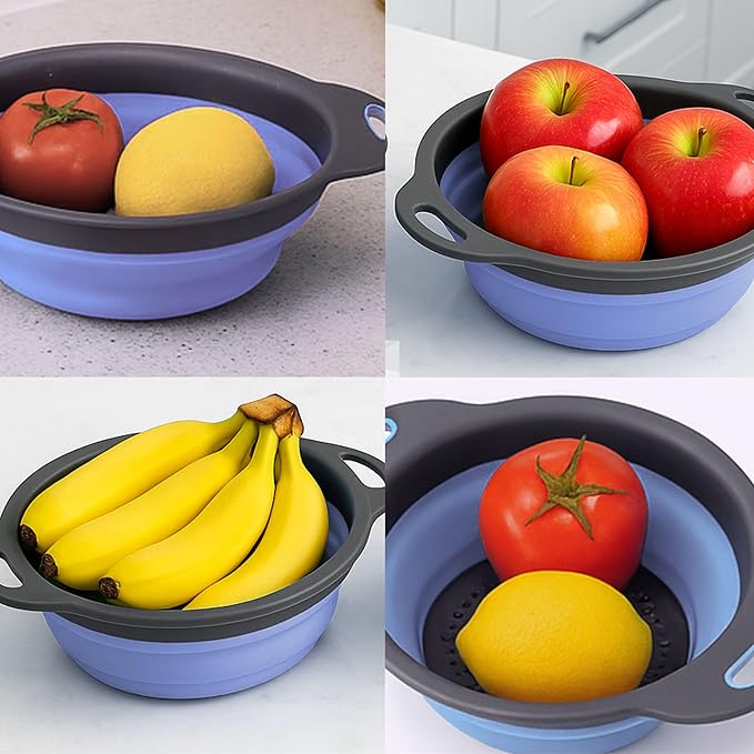 Blue Round Silicone Collapsible Colander – Silicone Round Kitchen Strainers with Plastic Handles Foldable Small Kitchen Strainer Perfect for Draining Pasta Vegetable and Fruit