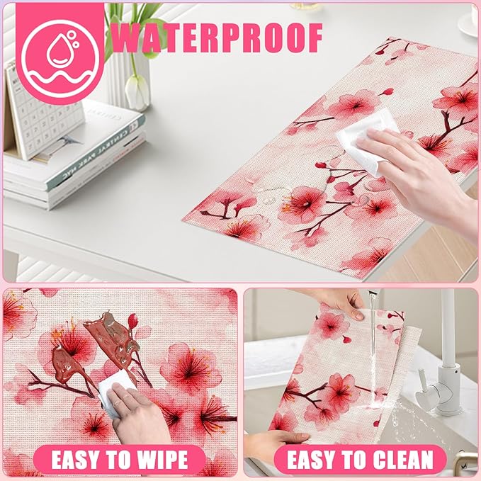 Pink Cherry Blossom Placemats Set of 6,12x18 Inch Branches Spring Floral Linen Place Mat Washable Stain Resistant Table Mats for Seasonal Farmhouse Kitchen Party Home Decor