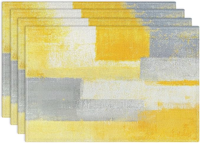 Emvency Farmhouse Placemats Set of 4, 12x18 Inch Modern Grey White and Yellow Art Painting Table Mats for Outdoor Home Party Kitchen Dining Decoration