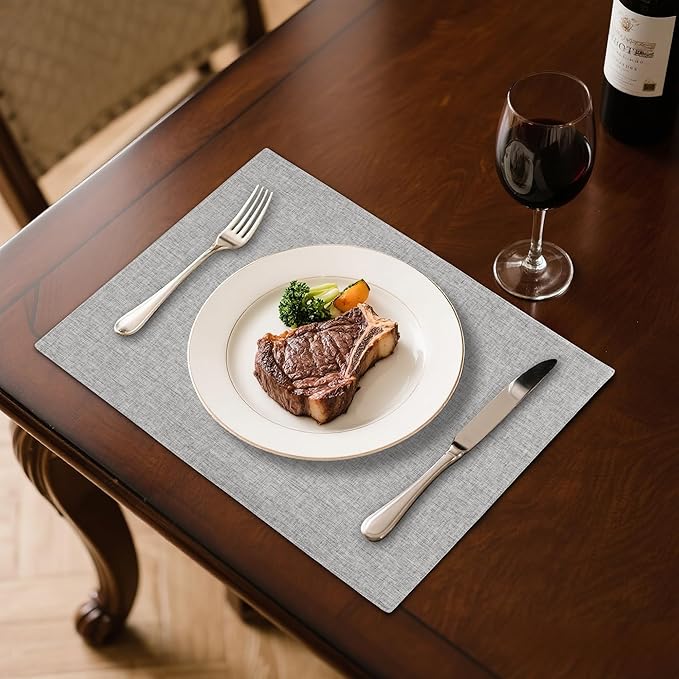 Linen Cloth Double Layers Placemats, Cotton Woven Placemats Set of 6, Kitchen Table Farmhouse Decor Heat Resistant Table Mats, Outdoor Indoor Square Fabric Place Mats Can be Washable (Light Gray)